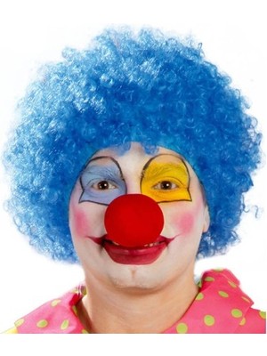 İsmiyle Al Mavi Renk Kıvırcık Afro Bonus Peruk Takma Saç ve Kırmızı Burun Seti