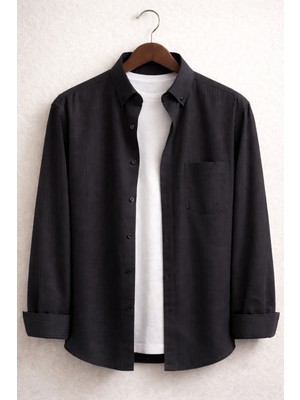 Varetta Erkek Siyah Büyük Beden Gömlek Çizgili Uzun Kollu  Geniş Kesim Cepli