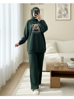 Moda Morfo Ayıcık Baskılı Şardonlu 3 İplik Sweat Takım  -Haki