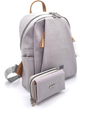 Just Polo Kadın Gri 9 Bölmeli Sırt Çantası ve Cüzdan Kombini Hediyelik