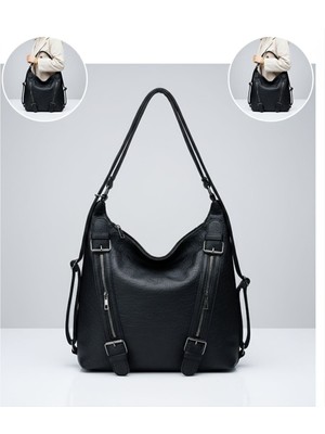 Siyah Yumuşak Suni Deri Büyük Boy Sırt Çanta ve Omuz Çanta