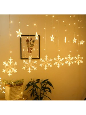 farissu Kar Tanesi ve Yıldız LED Perde Işık - 8 Fonksiyonlu Günışığı Dekoratif Aydınlatma (Eklemeli Fişli)