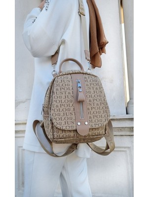 Just Polo Kadın Monogram Baskılı Sırt ve Omuz Çantası Vizon Renkli Günlük Kullanım İçin Şık Tasarım