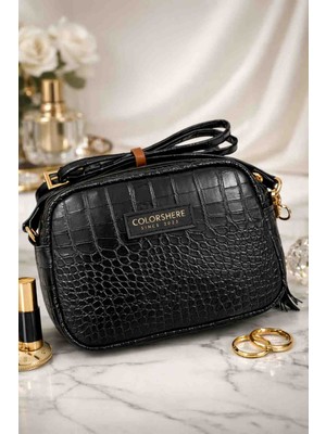 Colorshere Kadın Siyah Kroko Desenligold Püskül Aksesuarlı Ayarlanabilir Askılı Omuz Çantası