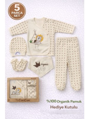 Concon Hediye Kutulu Yenidoğan 5'li Organik Hastane Çıkış Seti %100 Pamuk Unisex Doğum Hediyesi için Aslan Figürlü Pamuk