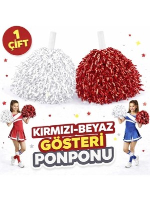 Herşeytrend 1 Çift ( 2 Adet ) Kırmızı-Beyaz Renk 23 Nisan 19 Mayıs 29 Ekim Okul Gösteri Ponponları Ekstra Dolgun