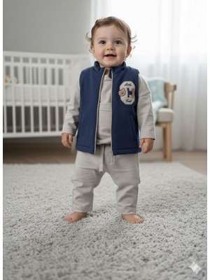 3-18 Ay Erkek Bebek Takım 3 Lü Takım C Nakışlı Elyaf Yelekli Mevsimlik Yenidoğan Takım