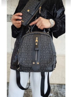 Gp Gues Polo Just Polo Kadın Sıyah Sırt ve Omuz Cantası Cuzdan Takımı