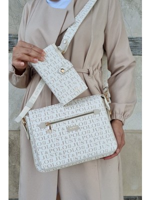 Kadın 8 Bölmeli Krem Çanta Cüzdan Takımı TM1040