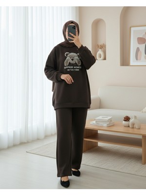 Moda Morfo Ayıcık Baskılı Şardonlu 3 İplik Sweat Takım  -K. Kahve