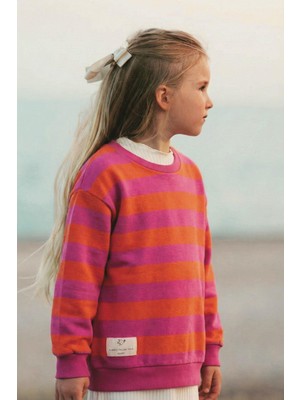 Çizgili Triko Sweatshırt 2-12 Yaş Turuncu Fuşya
