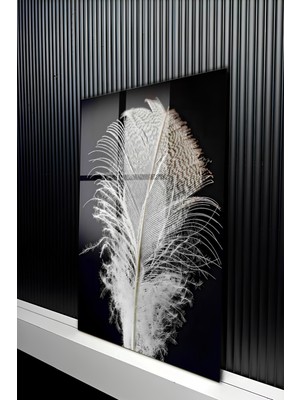 KutuTR Siyah Zemin Üzerine Beyaz Makro Kuş Tüyü Temalı Temperli Cam Tablo 50X70 cm 2d Uv Baskı - YCT197