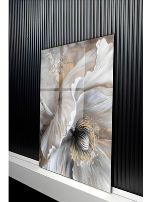 KutuTR Beyaz ve Altın Varak Detaylı Estetik Çiçek Temalı Temperli Cam Tablo 50X70 cm 2d Uv Baskı - YCT176