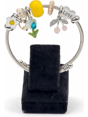 Pangu Sarı Boncuk Lale ve Kiraz Figürlü Gümüş Renk Çelik Charm Bileklik