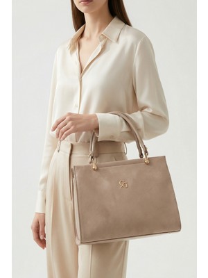 Gaia Rinaldi Kadın Bej Süet Çok Bölmeli Omuz Çantası, Ayarlanabilir Uzun Askılı, El Çantası