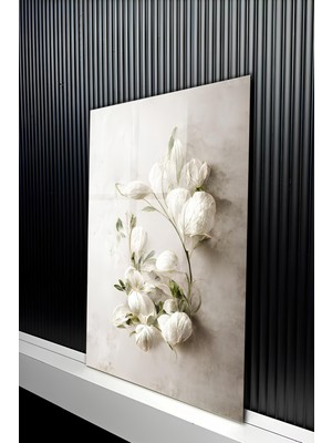 KutuTR Minimalist Beyaz Çiçek Tomurcukları Temalı Temperli Cam Tablo 50X70 cm 2d Uv Baskı - YCT217