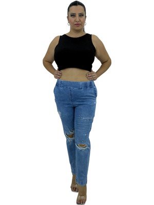 Büyük Beden Denim Lastikli Yüksek Bel Yırtık Dar Paça Kadın Pantolon
