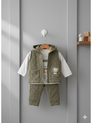 Efemkids 3/18 Ay Unisex 3 Lü  Bebek Takım Yelekli Pamuklu Yenidoğan Bebek Takımı