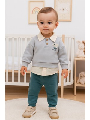 Dinamik çocuk Erkek Bebek  Fil Nakışlı Polo Yaka Alt Üst Takım 2iplik Şardonsuz Mevsimlik Eşofman Takımı Bayramlık 6-24 Ay