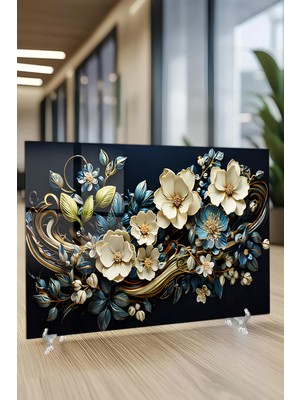 KutuTR Mavi Çiçekli Altın Detaylı Temperli Cam Tablo 50X70 cm 2d Uv Baskı - YCT018