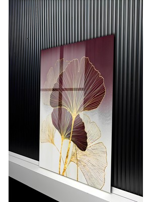 KutuTR Mürdüm ve Beyaz Geçişli Ginkgo Biloba Yaprağı Temperli Cam Tablo 50X70 cm 2d Uv Baskı - YCT200
