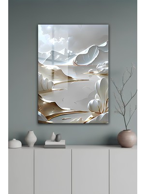 KutuTR Modern Beyaz ve Altın Detaylı Soyut Doğa Manzaralı Temperli Cam Tablo 50X70 cm 2d Uv Baskı - YCT140