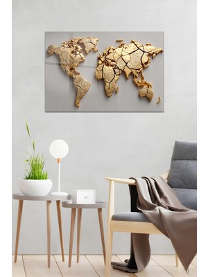 KutuTR Altın Dünya Haritası Temalı Temperli Cam Tablo 50X70 cm 2d Uv Baskı - YCT031
