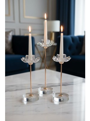 Furkan Kristal Taşlı 3'lü Cam Mumluk Şamdanlık Seti Gold