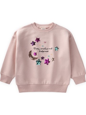 Cigit Pullu Ay Yıldız Nakışlı Sweatshirt 2-8 Yaş Pudra Pembe