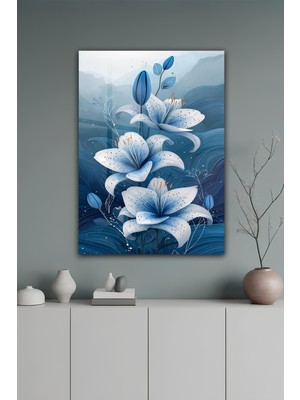 KutuTR Mavi Zeminli Beyaz Zambaklar Temalı Temperli Cam Tablo 50X70 cm 2d Uv Baskı - YCT081