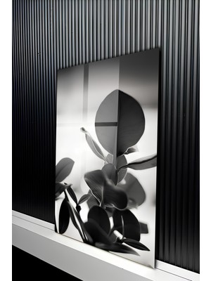 KutuTR Minimalist Siyah Beyaz Botanik Yaprak Desenli Temperli Cam Tablo 50X70 cm 2d Uv Baskı - YCT268