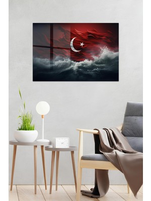 KutuTR Türk Bayrağı Temalı Dalgalı Deniz Tasarımlı Temperli Cam Tablo 50X70 cm 2d Uv Baskı - YCT043