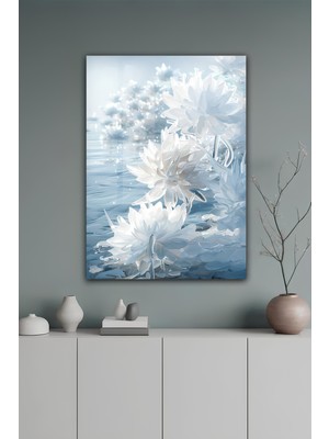 KutuTR Beyaz Lotus Temalı Temperli Cam Tablo 50X70 cm 2d Uv Baskı - YCT092