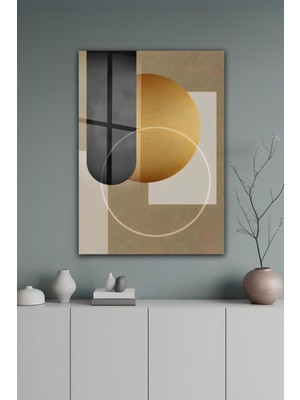 KutuTR Geometrik Altın Daire ve Antrasit Temperli Cam Tablo 50X70 cm 2d Uv Baskı - YCT109