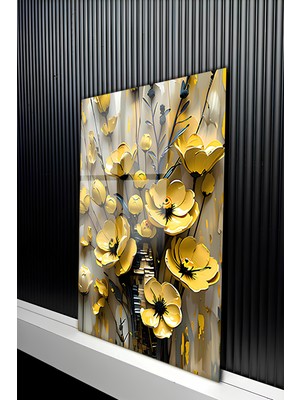 KutuTR Kabartma Efektli Estetik Sarı Çiçek Bahçesi Temalı Temperli Cam Tablo 50X70 cm 2d Uv Baskı - YCT142