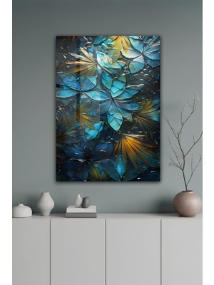 KutuTR Mavi Turkuaz Yaprak Desenli Temperli Cam Tablo 50X70 cm 2d Uv Baskı - YCT083