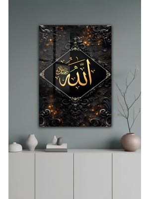 KutuTR Allah (C.c.) Temalı Siyah Gold Desenli Temperli Cam Tablo 50X70 cm 2d Uv Baskı - YCT067