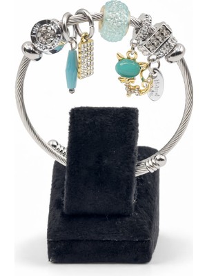 Pangu Turkuaz Taş Detaylı Kedi Figürlü Gümüş Renk Çelik Charm Bileklik