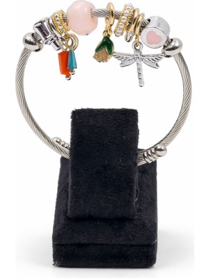 Pangu Pembe Kalp ve Yusufçuk Figürlü Altın Detaylı Gümüş Renk Çelik Charm Bileklik