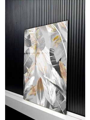 KutuTR Pastel Tonlarda Soyut Tropikal Yaprak Tüy Desenli Temperli Cam Tablo 50X70 cm 2d Uv Baskı - YCT220