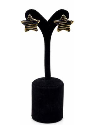 Pangu Siyah Desenli Yıldız Form Altın Renk Çelik Küpe