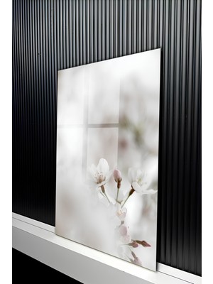 KutuTR Zarif Beyaz Bahar Çiçekleri Temalı Temperli Cam Tablo 50X70 cm 2d Uv Baskı - YCT260