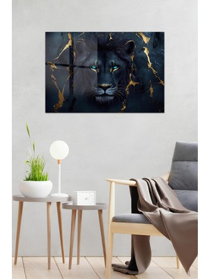 KutuTR Siyah Aslan Figürlü Gold Detaylı Temperli Cam Tablo 50X70 cm 2d Uv Baskı - YCT048
