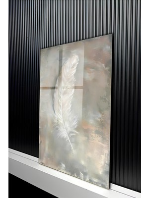 KutuTR Eskitme Zemin Üzeri Beyaz Kuş Tüyü Temalı Temperli Cam Tablo 50X70 cm 2d Uv Baskı - YCT213