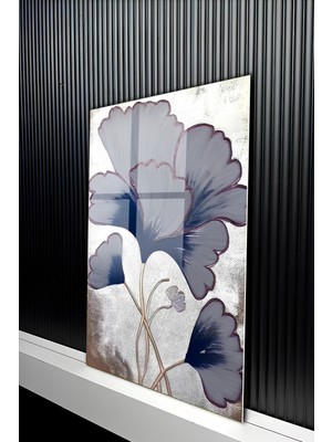 KutuTR Gümüş Işıltılı Mavi Ginkgo Yaprağı Desenli Temperli Cam Tablo 50X70 cm 2d Uv Baskı - YCT165