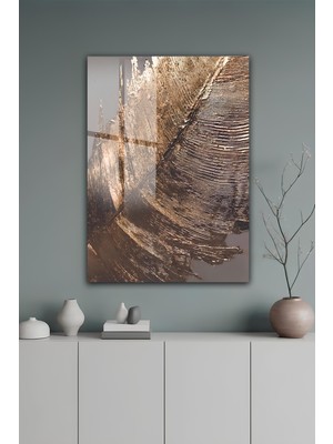 KutuTR Altın Renkli Soyut Tüy Desenli Temperli Cam Tablo 50X70 cm 2d Uv Baskı - YCT118