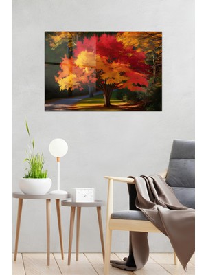 KutuTR Sonbahar Renkleri Temalı Manzara Ağaç Desenli Temperli Cam Tablo 50X70 cm 2d Uv Baskı - YCT035