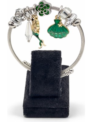 Pangu Yeşil Deniz Kızı Kuyruğu ve Deniz Kabuğu Figürlü Gümüş Renk Çelik Charm Bileklik