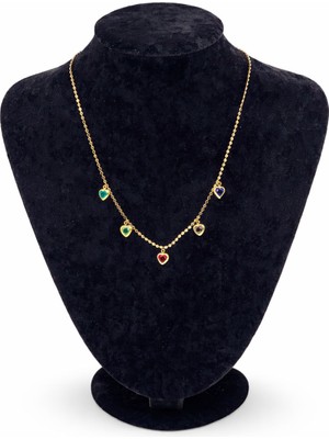 Pangu Altın Renk Renkli Kalp Figürlü Zirkon Taşlı Çelik Kolye