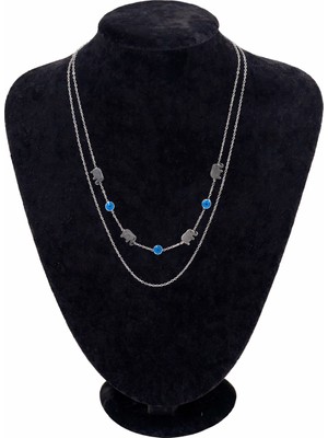 Pangu Gümüş Renk Fil Figürlü Nazar Detaylı Çift Sıra Çelik Kolye